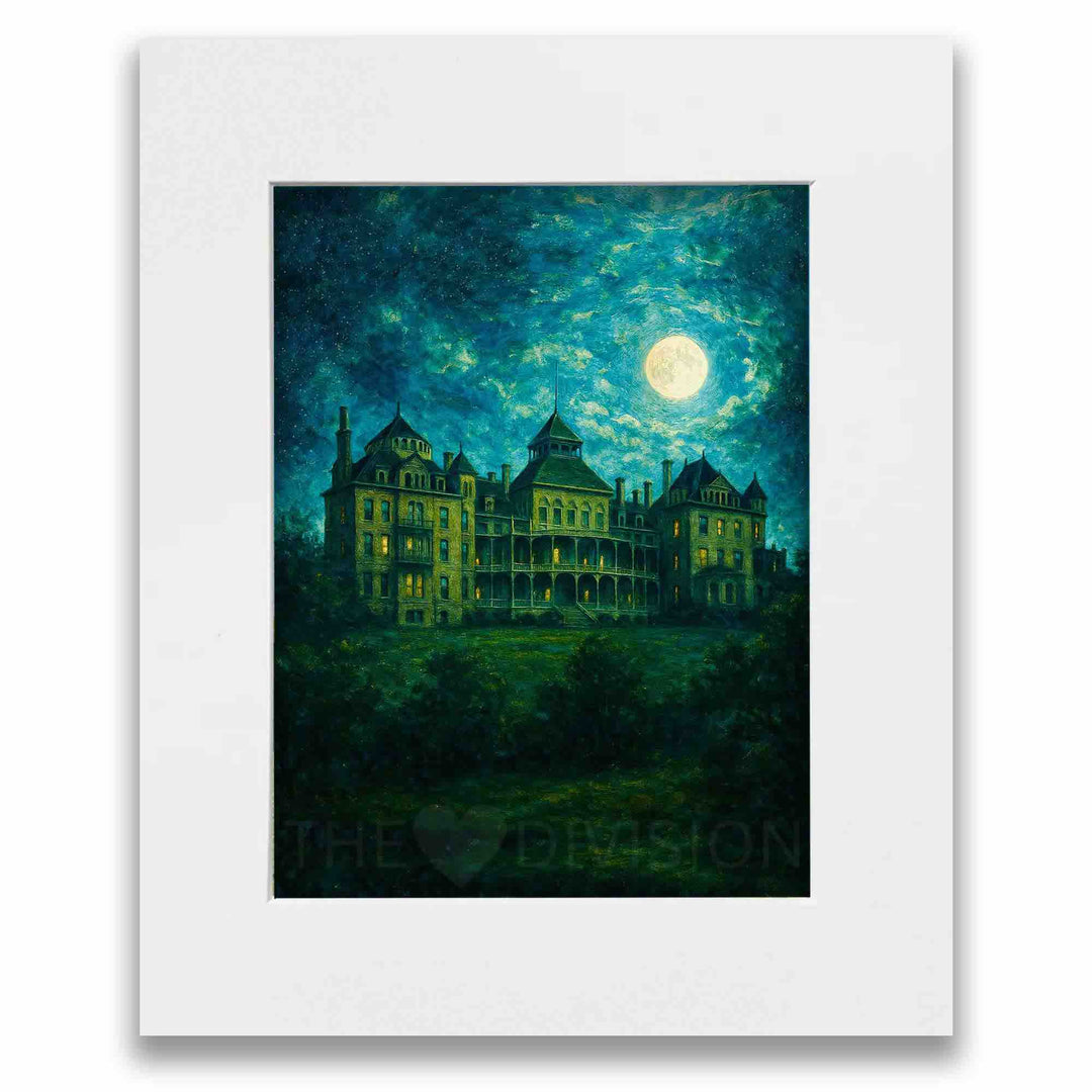 Art print of the Crescent Hotel in Eureka Springs AR under a glowing full moon.