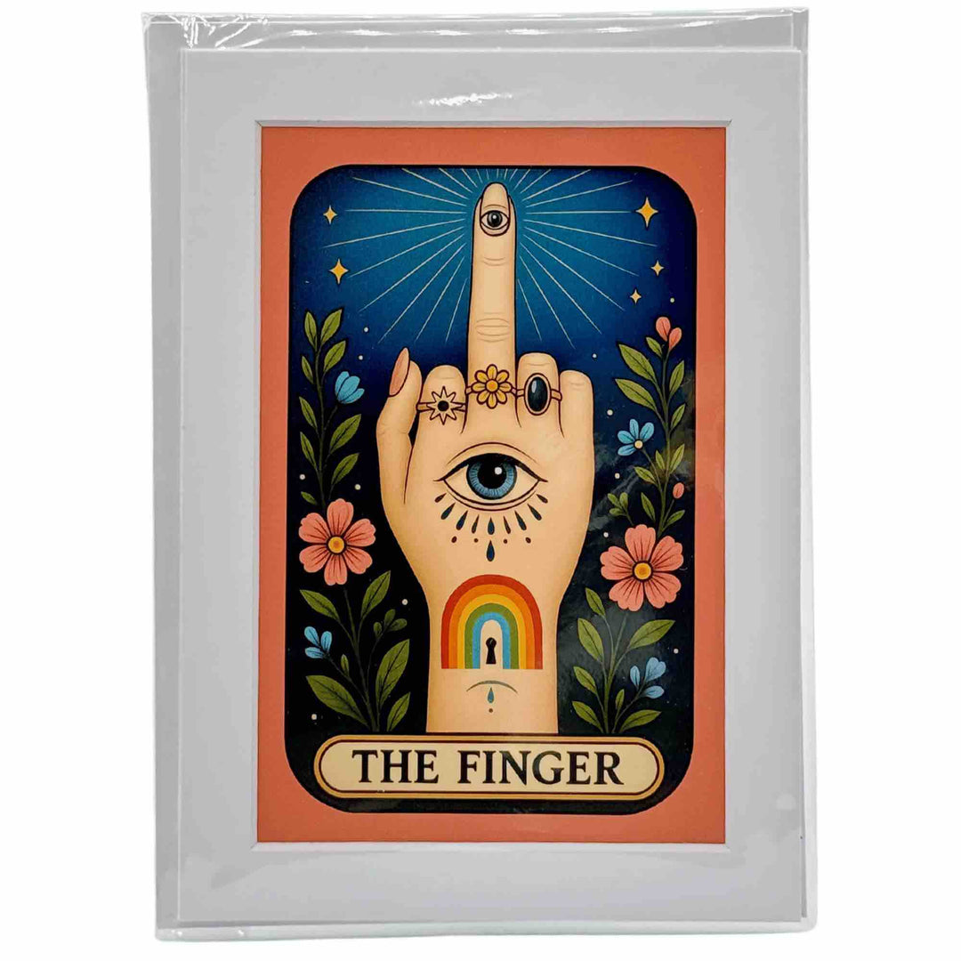 A greeting card with a tarot card meme The Finger - a hand with an extended middle finger framed in cosmic light and mystical symbols.