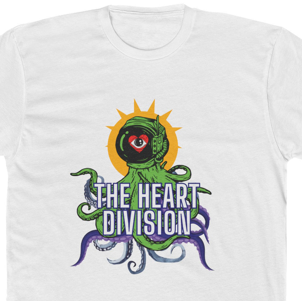 "Green Octopus Astronaut" Unisex T-Shirt close up of design, in white