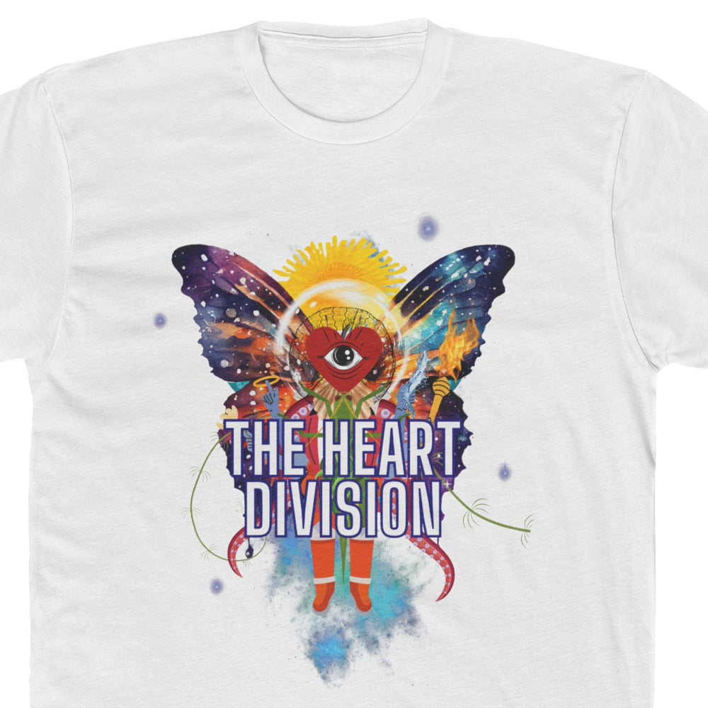 "We Come in Peace" Unisex T-Shirt close up of design, white