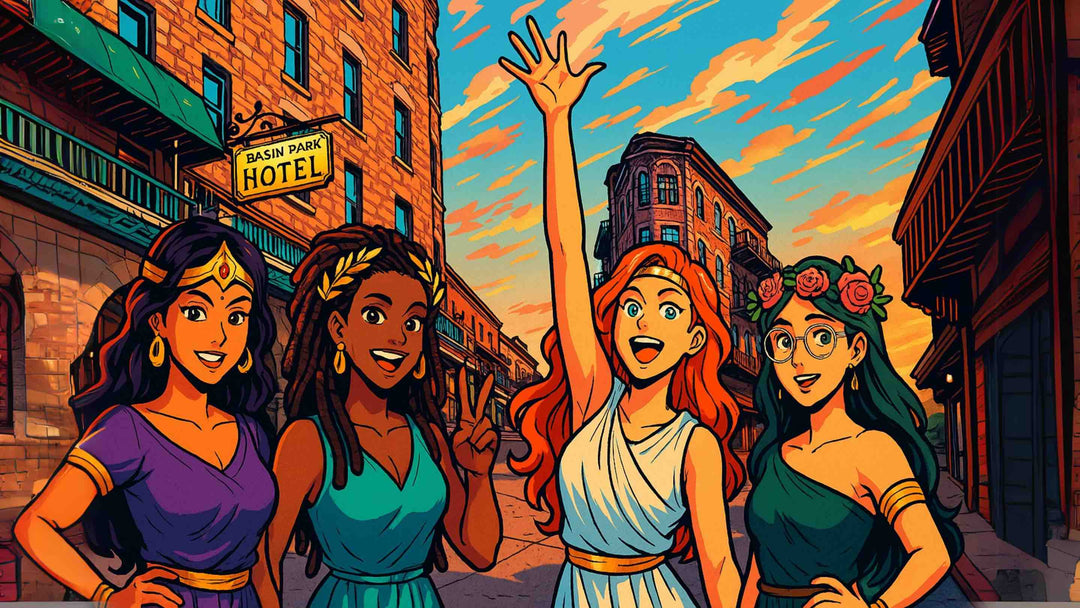 Eureka Springs Goddess Gala 2025 – women celebrating divine feminine energy in front of Basin Park Hotel in Arkansas.