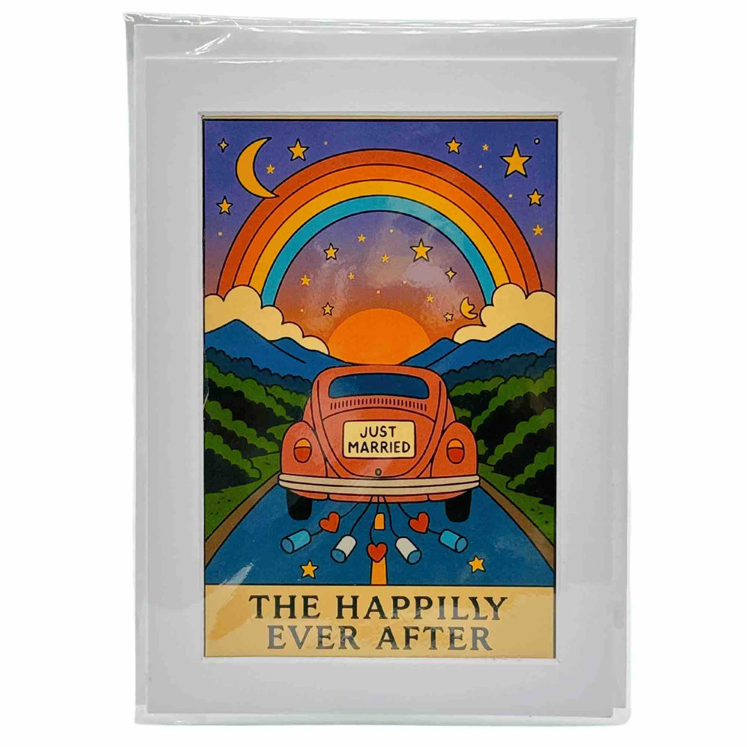 A greeting card with a tarot card meme The Happily Ever After with a rainbow VW bug decorated with flowers and cans, driving into the sunset