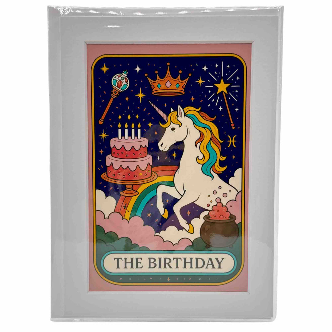 A greeting card with a tarot card meme The Birthday - a rainbow-colored unicorn surrounded by stars, sparkles, and magical party energy