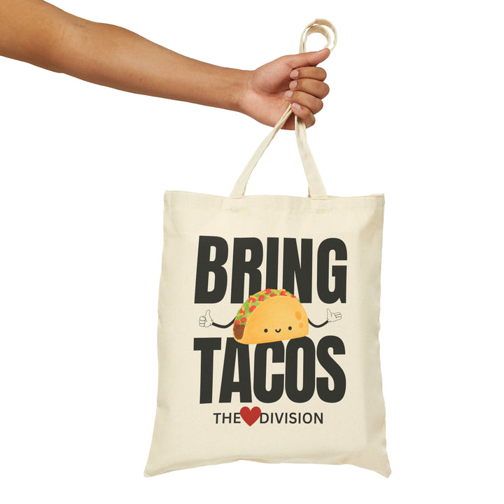 "BRING TACOS"  Candid Candy Hearts Cotton Canvas Tote in hand