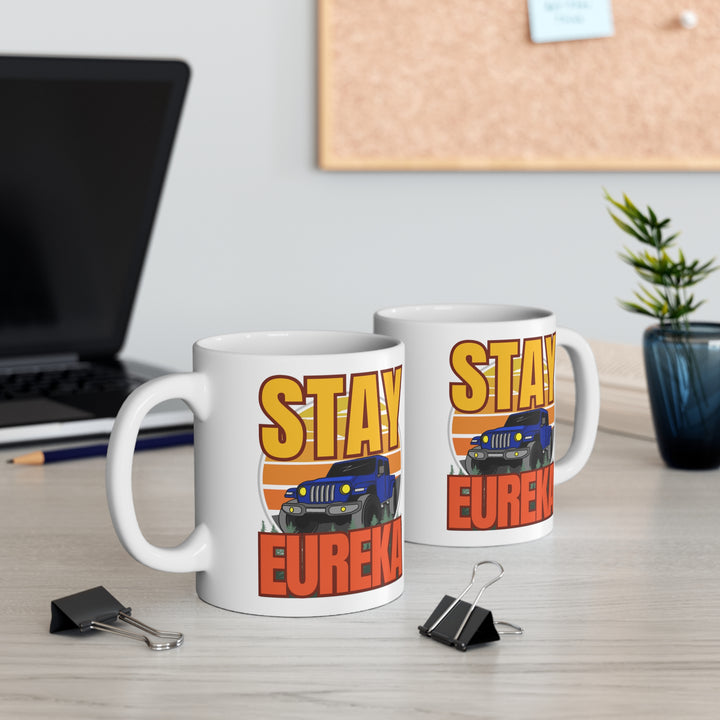 Stay J E E P Y Eureka Mug on a desktop