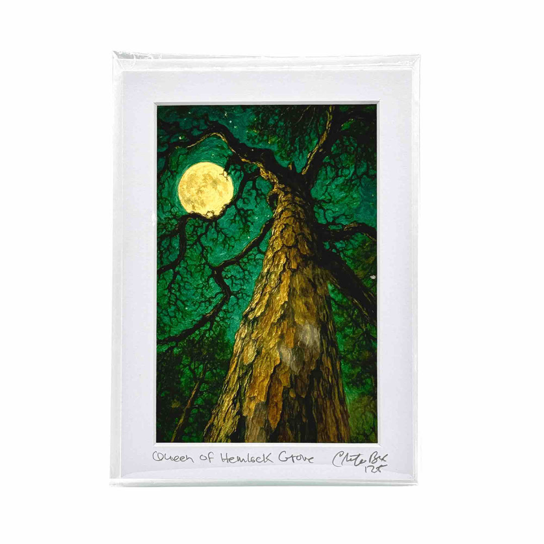 Greeting card art print of a moonlit forest scene in Hemlock Grove, Eureka Springs AR, with tall trees and ethereal light.