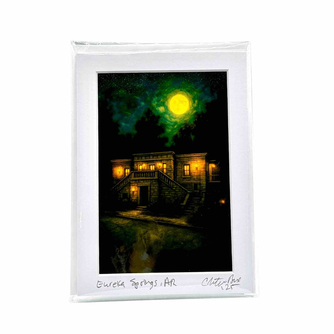 Greeting card art print of the Carnegie Public Library in Eureka Springs AR under a dramatic full moon.