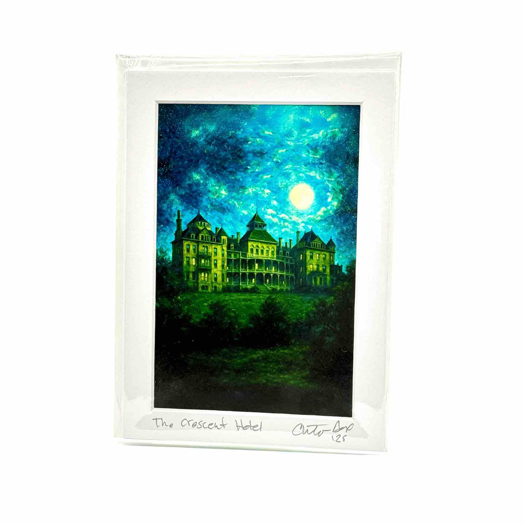 Greeting card art print of the Crescent Hotel in Eureka Springs AR under a glowing full moon.