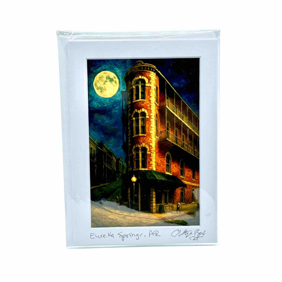 Greeting card art print of the iconic Flatiron Building in Eureka Springs AR bathed in moonlight and dreamy shadows