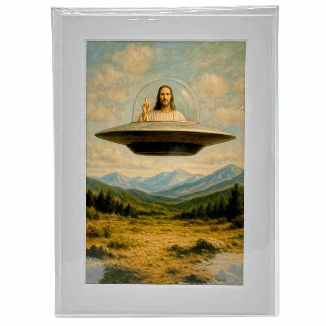 A greeting card with Jesus in robes descending from a glowing spaceship in the sky.