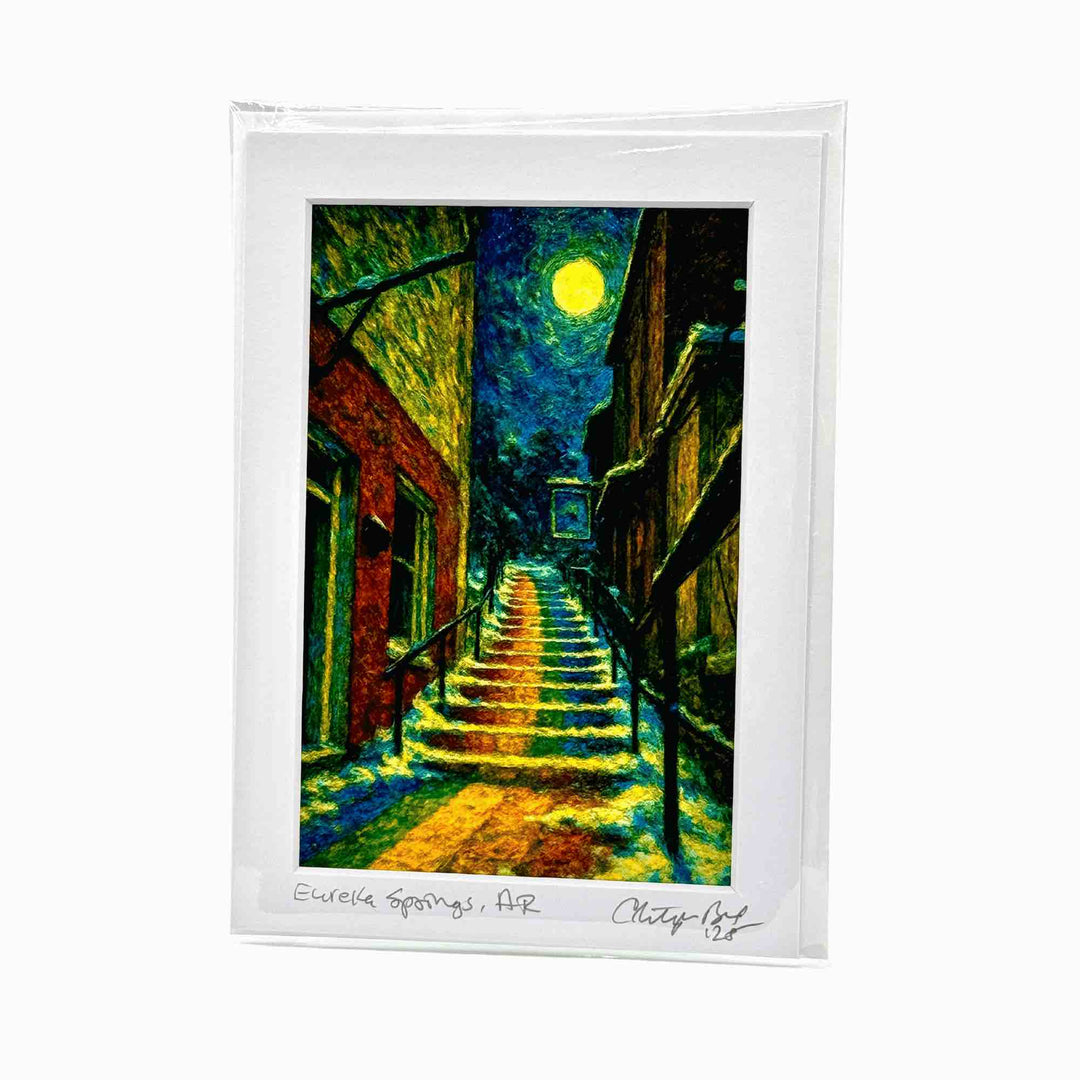 Greeting card art print of a winding stone rainbow staircase in Eureka Springs AR, surrounded by 1880s Victorian buildings.