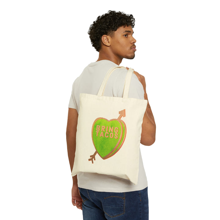 "BRING TACOS"  Candid Candy Hearts Cotton Canvas Tote over the shoulder