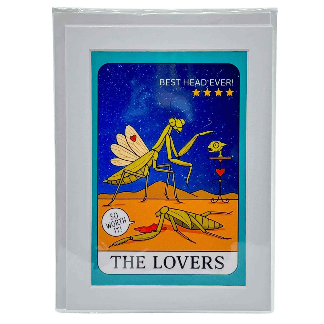 A greeting card with a tarot card meme. The Lovers . with two praying mantises facing each other romantically, with a glowing heart between them.

