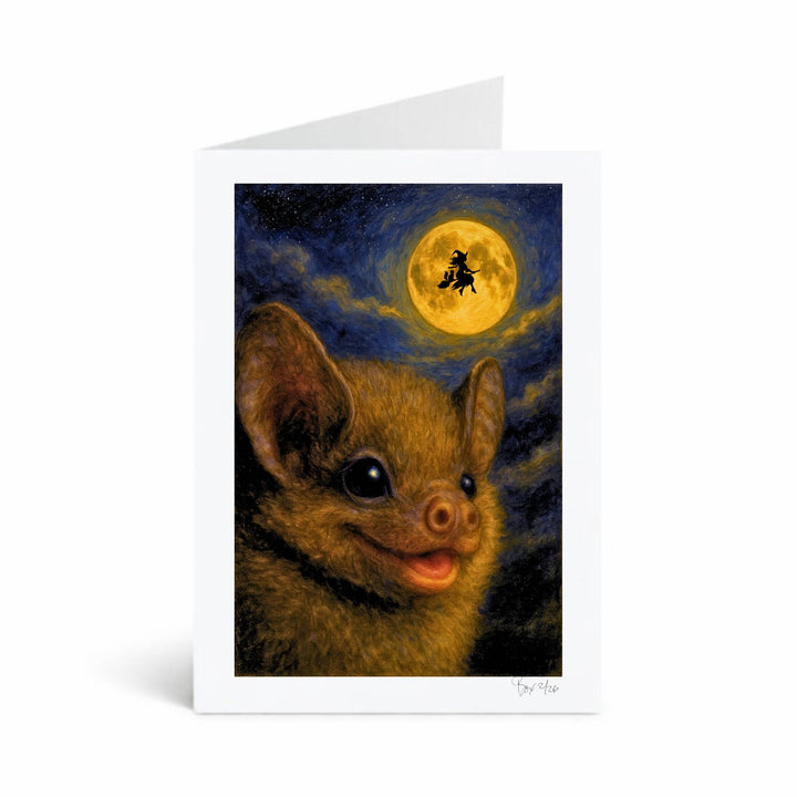 Bat Selfie #4 Smiling Bat, Golden Witchy Moon, 5x7 Greeting Card