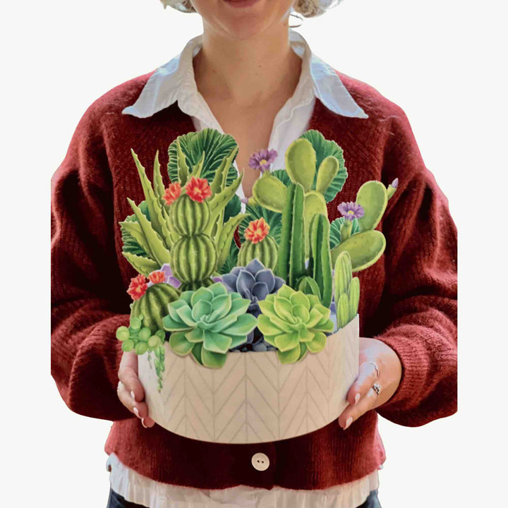 Succulent and cactus pop-up card with desert blooms and vibrant textures.