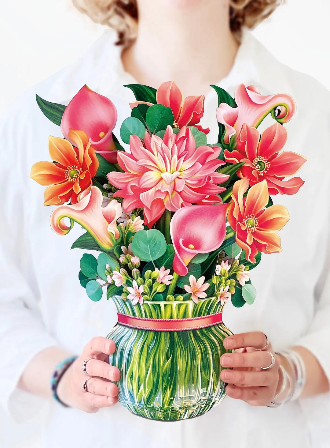 Elegant dahlia pop-up card with soft peach and coral blooms by FreshCut Paper.