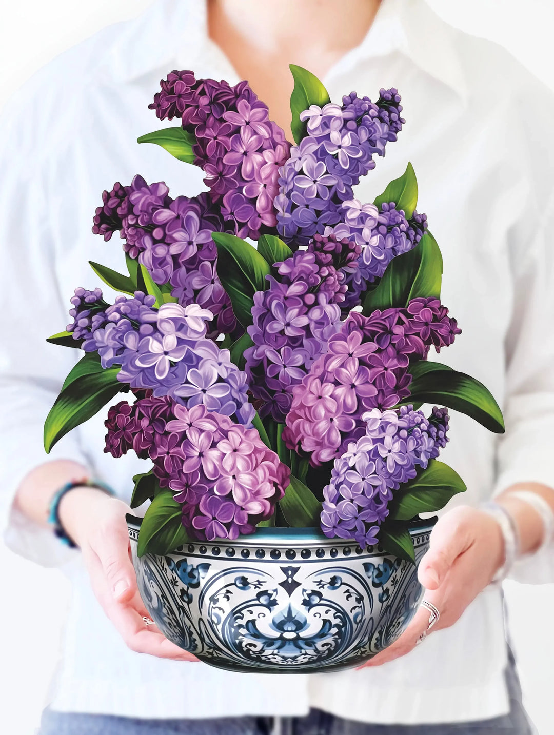 Pop-up card blooming with lush purple lilacs and green foliage.