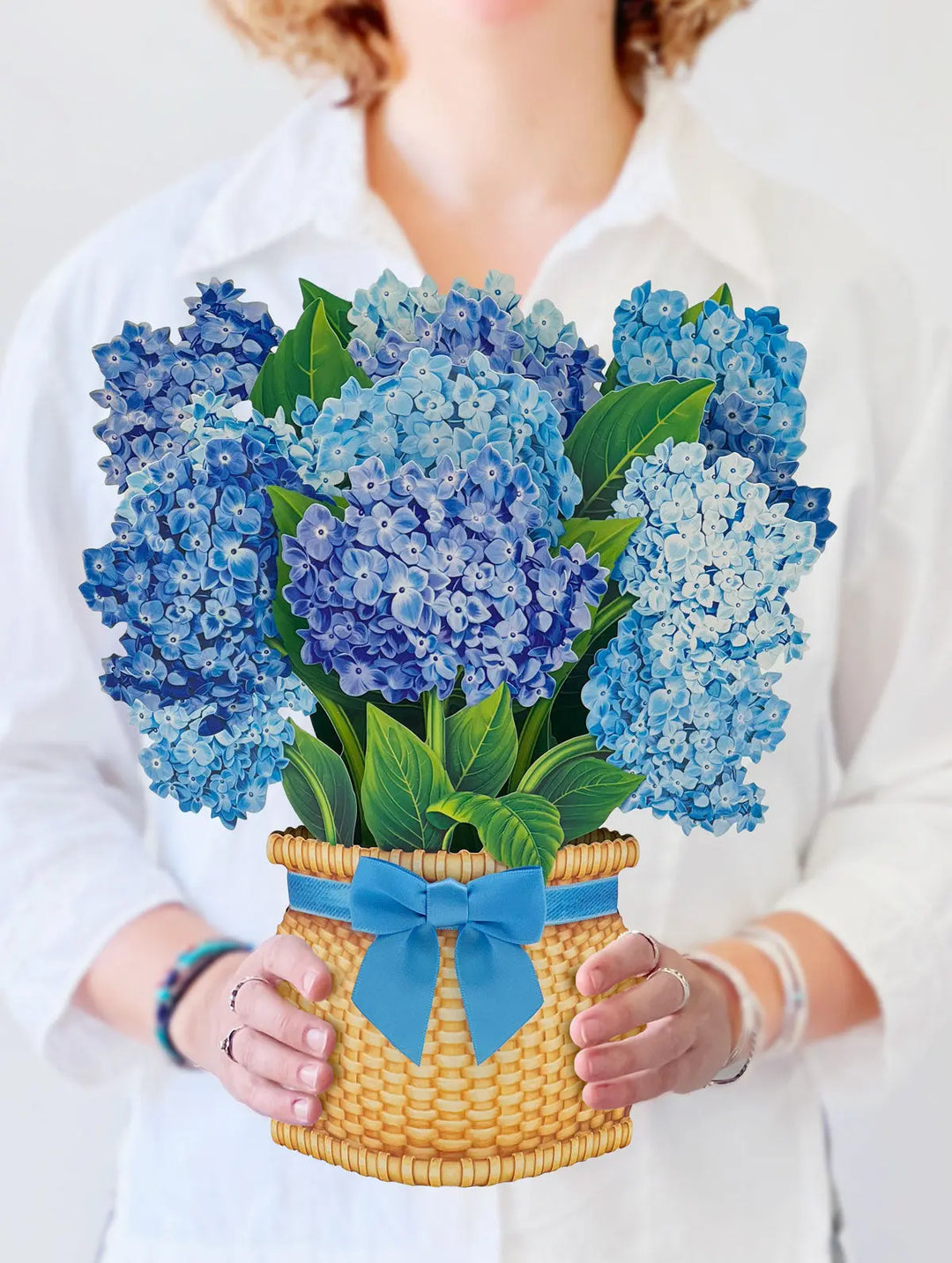 Pop-up card with blue and lavender hydrangeas, inspired by Nantucket charm.