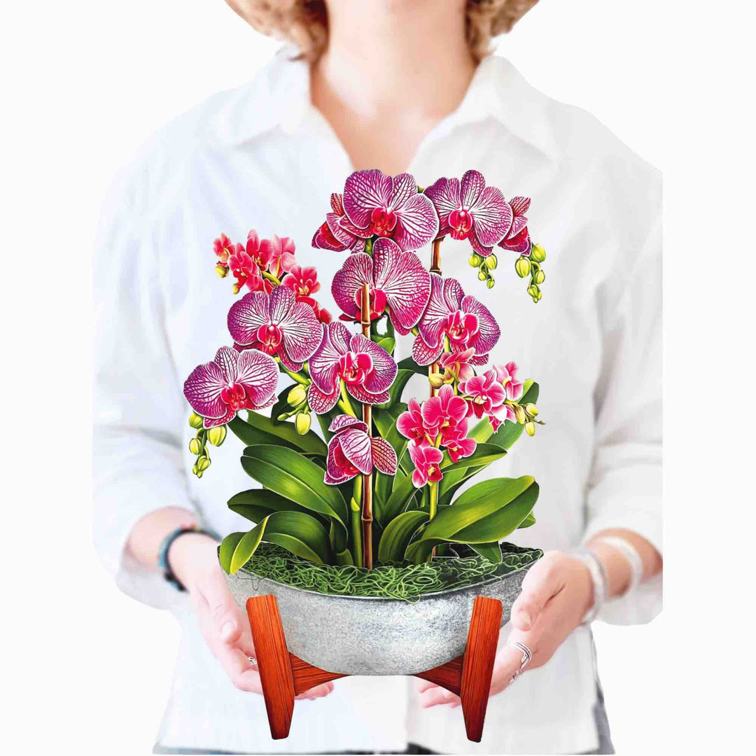 Tropical orchid pop-up card with bold pink and purple blossoms.