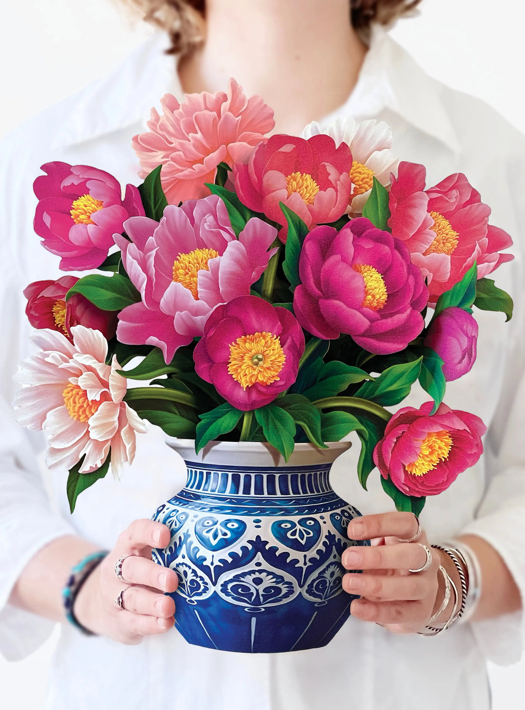 Floral pop-up greeting card overflowing with layered pink and blush peonies.