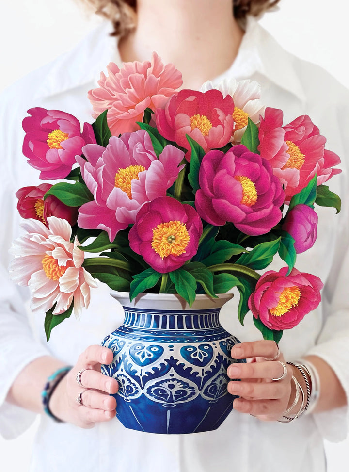 Floral pop-up greeting card overflowing with layered pink and blush peonies.