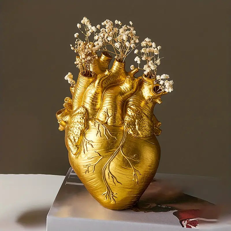 Gold Human Heart Vase with flowers